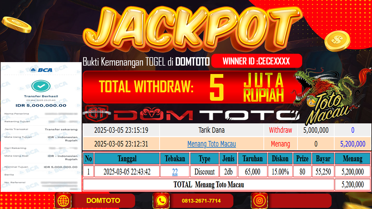 JACKPOT TOGEL TOTOMACAU 5 MARET 2025